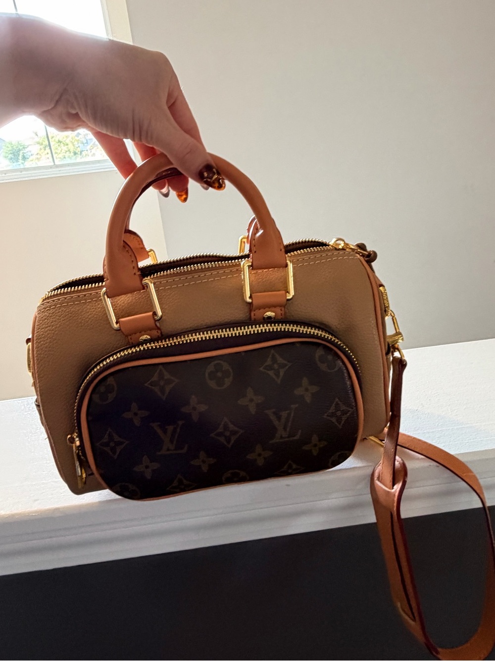 Louis Vuitton Brown Monogram & Tan Leather Satchel with Gold Hardware Dupe